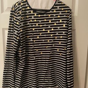 Talbots navy white stripe silver gold dot holiday sparkle XL EUC long sleeve top